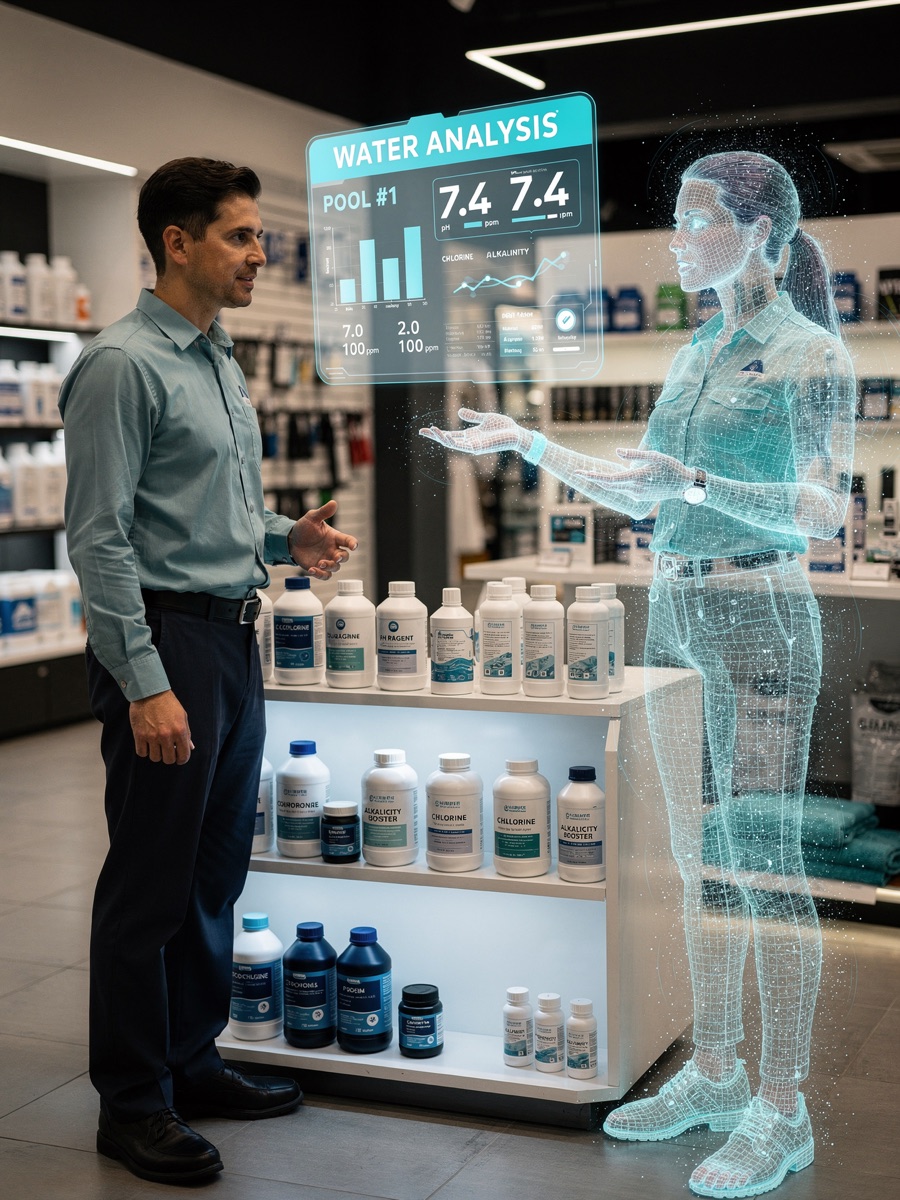 A translucent holographic JARVIS coworker beside a retail associate at the counter, a floating data screen